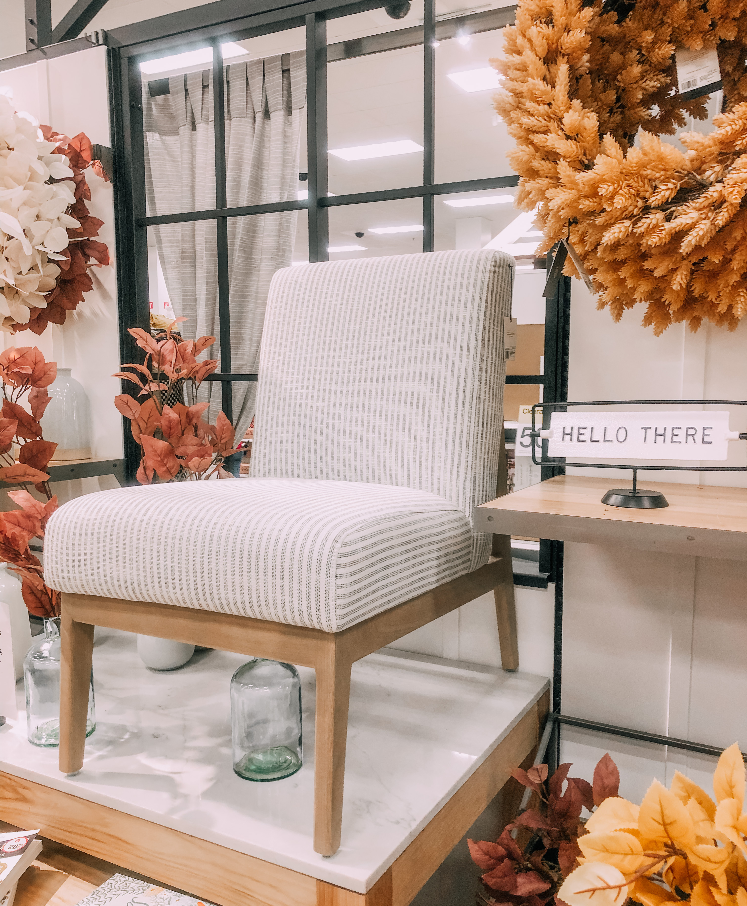 Fall home decor, fall wreaths accent chair.